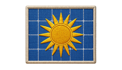 Solar panel patch embroidery with bright yellow sun design symbolizing renewable energy and ecofriendly power source isolated on solid white background in Png format 
