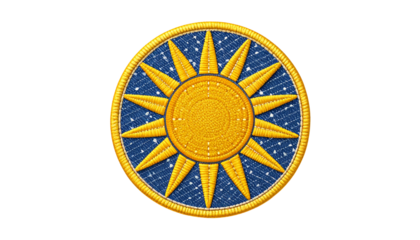 Solar panel patch embroidery with bright yellow sun design symbolizing renewable energy and ecofriendly power source isolated on solid white background Png form