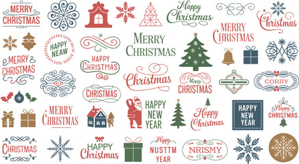 Vintage christmas and new year vector elements for holiday greeting cards and invitations design