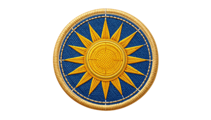 Solar panel patch embroidery with bright yellow sun design symbolizing renewable energy and ecofriendly power source isolated on solid white background Png