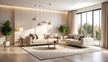 Sunlit modern living room with beige sectional sofa, area rug, and large windows offering garden view.