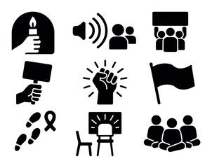 Protest, activism silhouette icon set. demonstration, human rights symbols collection