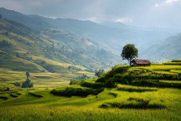 Obraz premium A serene landscape of terraced rice fields in Vietnam, with lush greenery and a small wooden hut perched on the top step,