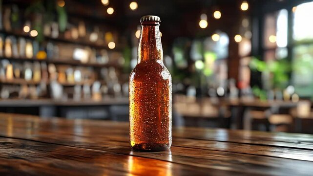 A close-up of a cold bottle with condensation resting on a rustic wooden table inside a charming brewery. The environment is filled with warm lighting and inviting decor, enhancing the experience.