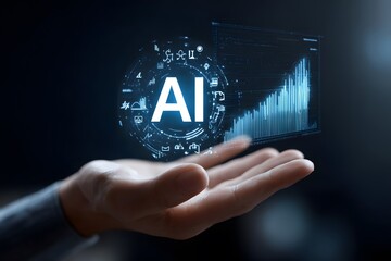 
Abstract hand holding an icon of artificial intelligence with the text "AI" and glowing holographic data curves on a dark blue background,