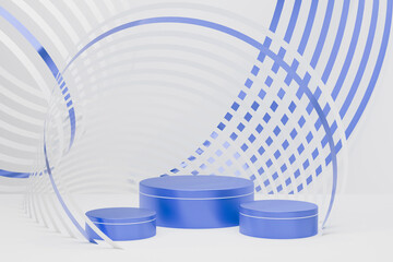 Set of three blue metallic round podiums, mesmerizing geometric swirls, smooth curves on white...