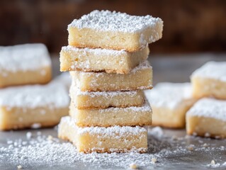 Classic shortbread cookies with a buttery texture, neatly stacked with powdered sugar dusting