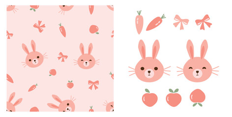 Seamless pattern with bunny cartoons, carrot, ribbon bows and peach fruit on pink background. Rabbit, carrot, ribbon bows and apricot fruit with green leaves icon set isolated on white background.