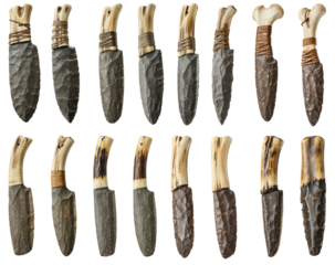 Stone age knives with raw stone blades and wooden handles on transparent background  