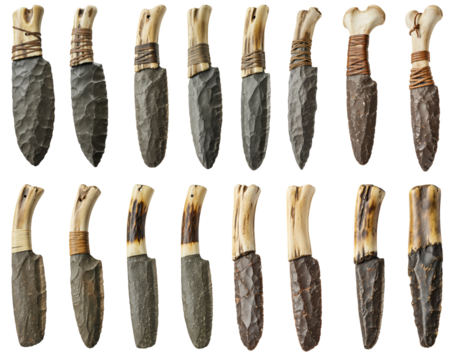 Stone age knives with raw stone blades and wooden handles on transparent background  