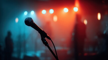 Obraz premium Spotlight on a microphone, ready for a performance on a dimly lit stage, with blurred musicians in the background.