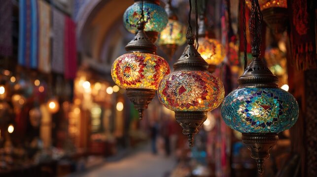 Colorful mosaic glass lanterns hanging in a vibrant middle eastern bazaar