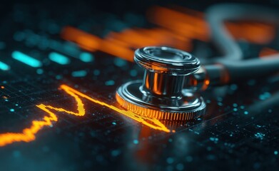 Stethoscope rests on a vibrant data visualization, symbolizing the intersection of healthcare and technology in a futuristic setting.