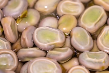 Broad beans cooking in boiling water – close-up of fresh green legumes during the cooking...