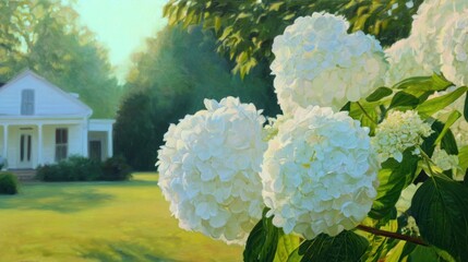 Sunlit Hydrangeas Bloom Brightly Before a Tranquil White House in a Serene Summer Scene