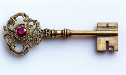 Ornate golden key, centered on white. Intricate filigree details and a red jewel accent the antique
