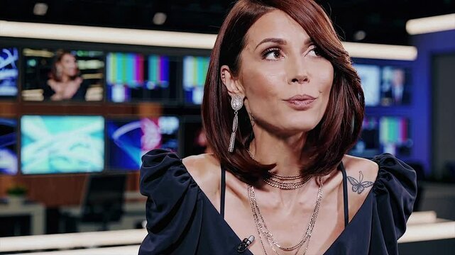 Loop clip of brunette anchorwoman adorned with accessories reading headlines,Generative AI