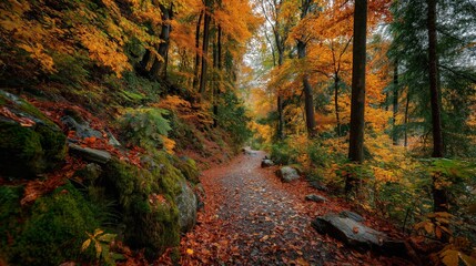 Autumn leaves cover forest trail trees with soft natural lighting. AI generated.