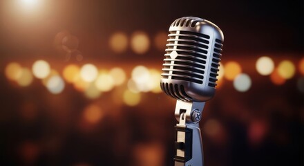 Dramatic Retro Silver Microphone on Stage with Warm Bokeh Lights Background