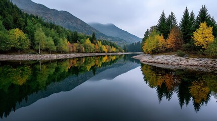 Autumn mountain landscape reflected in still lake water surface. AI generated