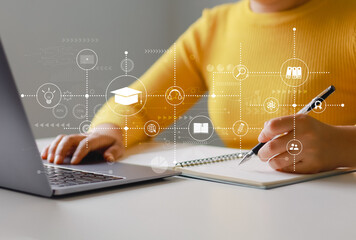 E-learning, Education, Learning and Internet Lessons, Young woman learning language through online...