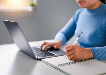 E-learning, Education, Learning and Internet Lessons, Young woman learning language through online...