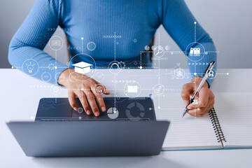 E-learning, Education, Learning and Internet Lessons, Young woman learning language through online...