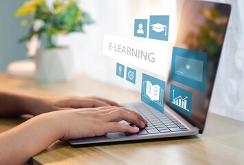 E-learning, Education, Learning and Internet Lessons, Young woman learning language through online...