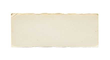 Horizontal strip of light beige vintage paper, irregularly torn edges, coarse texture, subtle specks, and delicate creases, isolated on a transparent background with ample copy space, top-down flat