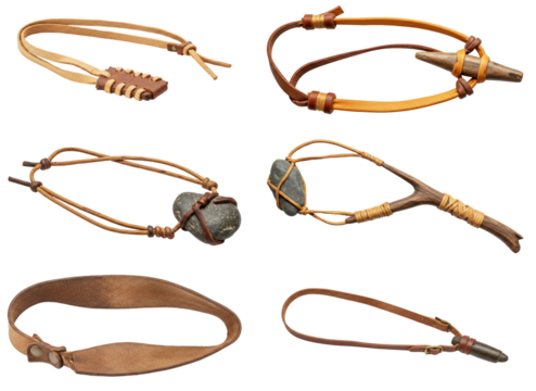 Set of primitive slings with braided rawhide and stone holders on transparent background  
