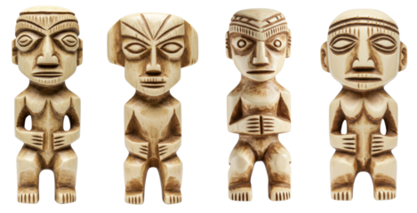 Neolithic art figurines showcasing diverse carved designs on transparent background  