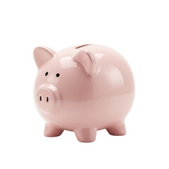 Obraz premium Light pink ceramic piggy bank, classic plump pig shape with narrow coin slot, glossy eyes, and snout, smooth polished finish, isolated on a seamless transparent background with shadowless studio