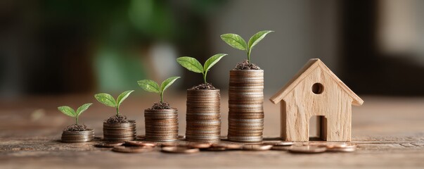 Growth of Wealth Represented by Coins with Plants and a Wooden House Symbolizing Prosperity and Real Estate Investment