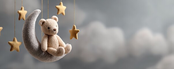 Adorable teddy bear sitting on a moon with stars against a soft cloudy background for nursery decor or children's room
