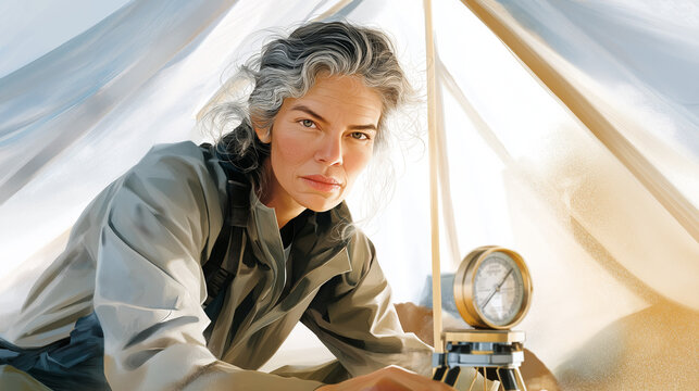 Weather Station Setup at a Campsite with a Focused Guide Woman