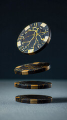 Four Black and Gold Poker Chips in Vertical Arrangement