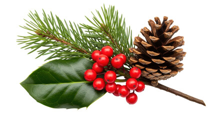 Isolated Christmas Decoration with Pine, Holly, and Cone