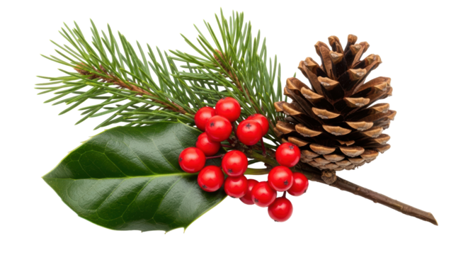 Isolated Christmas Decoration with Pine, Holly, and Cone