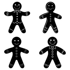 Four black gingerbread man cookies with different decorations on a white background image design art