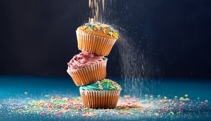 stack of cupcakes with falling sprinkles