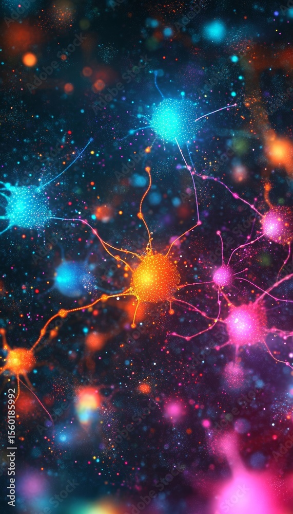 Poster creative visualization of neural connections with colorful nodes in deep learning systems