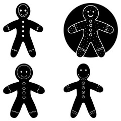 Four gingerbread man cookie illustrations in black and white with different designs and decorations