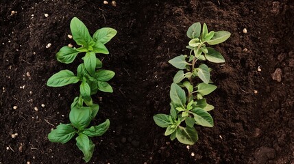 Side-by-side comparison of plants: one grown with compost, one without, showing dramatic difference in growth
