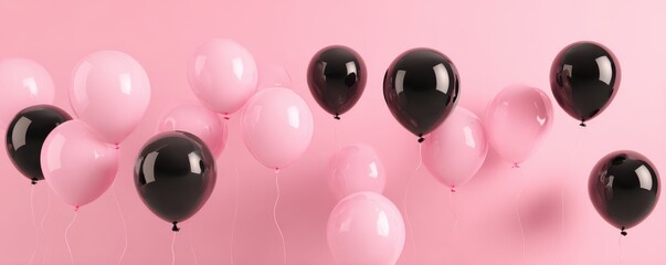 Colorful Balloons in Shades of Pink and Black on a Soft Pink Background for Celebrations and Events