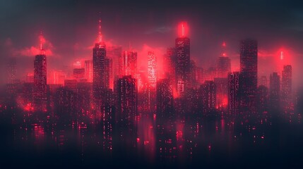 Fototapeta premium A cyberpunk inspired city skyline illuminated in deep red neon