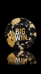 Isolated Poker Chip with Text on Black Reflective Surface