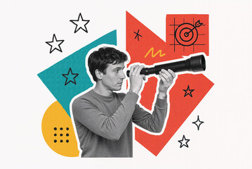 young man manipulating telescope to explore distant objects, abstract background with geometric shapes and graphic patterns enhancing focus and creativity
