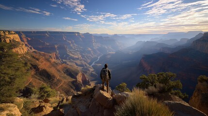 Backpacker overlooking vast canyon adventure exploration during golden hour. AI generated