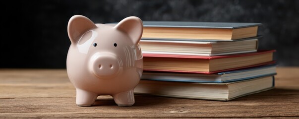 Cute piggy bank beside stacked books on wooden table, representing saving and learning for financial literacy