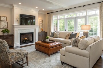 Fototapeta premium Modern Transitional Living Room with Neutral Palette and Cozy Fireplace